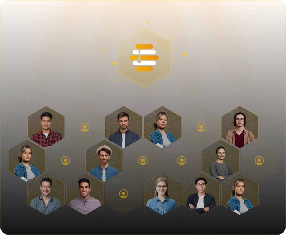 A high-tech "Team Performance Optimization Dashboard" showing integrated project analytics, featuring bar charts, productivity line graphs, a central beehive logo, and a hexagonal grid of team member profiles with roles like Data Scientist.