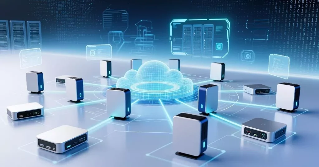 AI infrastructure shown in 2025 visualized with a cloud connected to multiple computers and software.