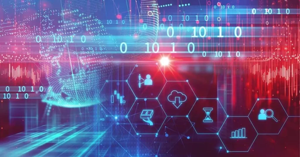 Custom healthcare software trends in 2025 visualized by a blockchain diagram.