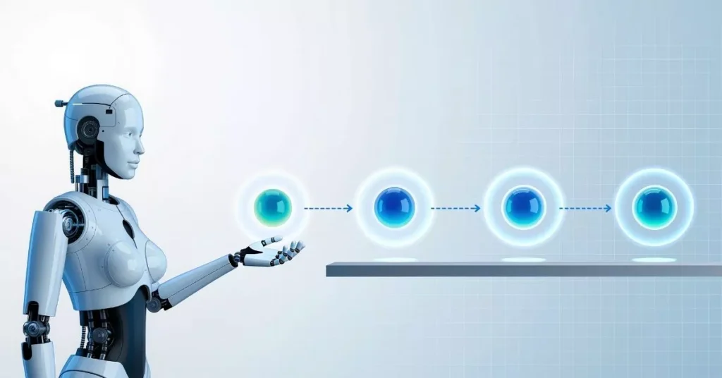 Alt text: AI development costs in 2025 visualized with a robot reaching out to multiple bubbles of factors.