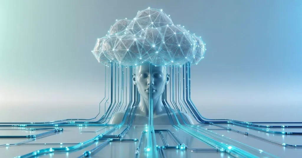 AI infrastructure shown being built in 2025 with a cloud connected to wires over a robot.