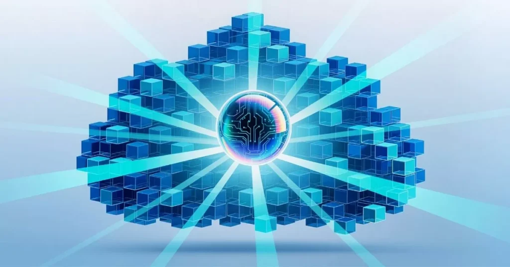 AI infrastructure in 2025 visualized with a bright, blue cloud.