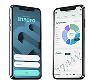 Screenshot of a mobile app interface showing the Macro app with login screen and data analytics charts.