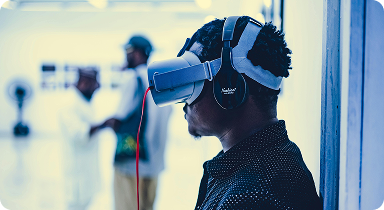 person using virtual reality headset for immersive media and digital experience