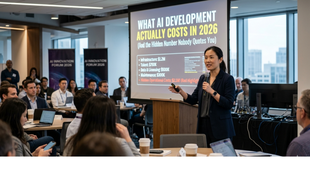 Female presenter speaking at AI Innovation Forum 2026 about AI development costs and hidden operational expenses