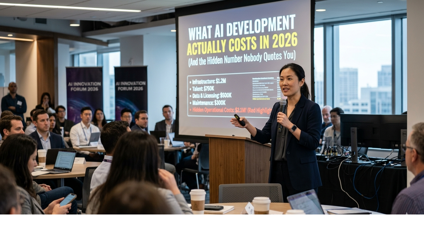 Female presenter speaking at AI Innovation Forum 2026 about AI development costs and hidden operational expenses
