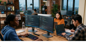 Software developers working together in a modern office with multiple computer screens, highlighting whether ChatGPT and Claude Replace QA Engineers in modern software testing workflows.