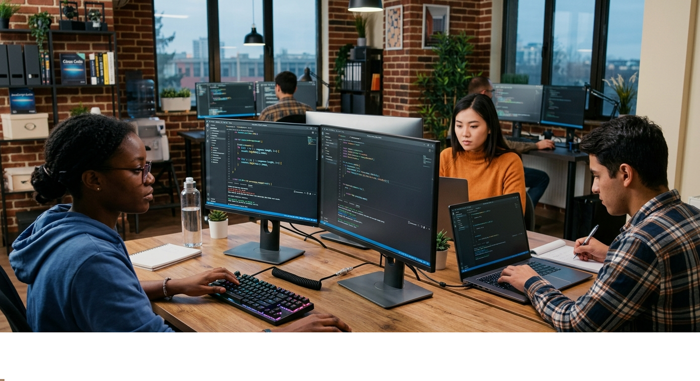 Software developers working together in a modern office with multiple computer screens and coding projects