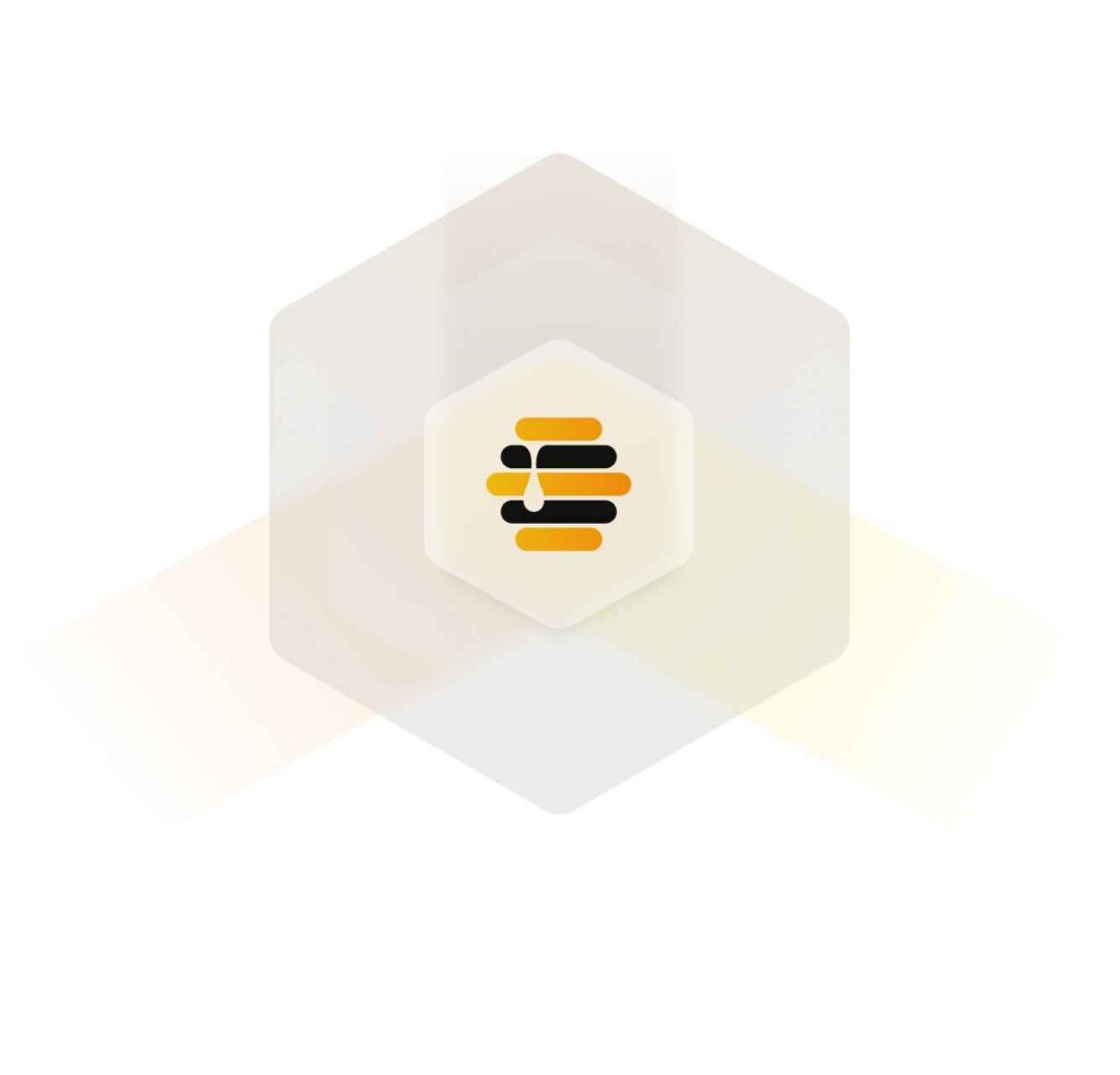Premium isometric white frosted glass hexagon displaying the stylized orange and black Beehive corporate emblem