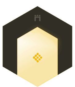 Dark hexagon shape with a bright glowing gold center inner frame containing a miniature yellow honeycomb cluster