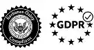 ISO compliance badge and GDPR compliance badge icons in black and white