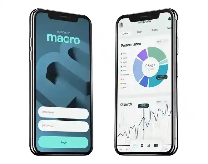 Macro financial mobile app screenshot showing login screen and performance dashboard on iPhone screens