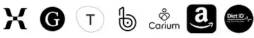 Multiple logos representing technology and digital brands including X, G, T, b, Carium, Amazon, and Dict ID