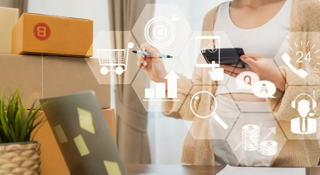 Person managing online shopping orders with e-commerce icons representing retail technology solutions