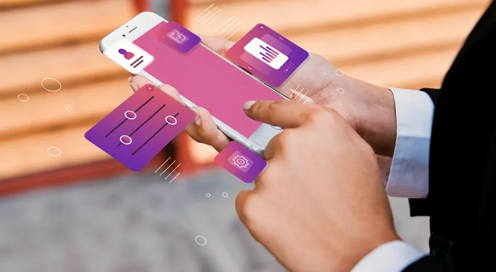 Businessman using mobile banking app with digital fintech icons representing financial technology solutions