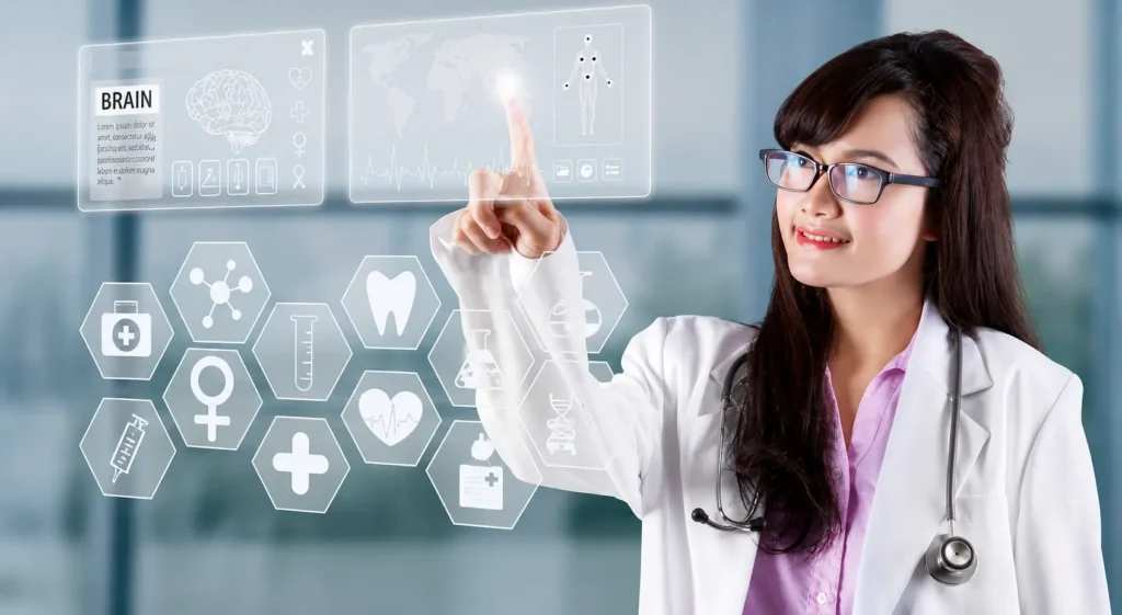Female doctor interacting with digital healthcare technology interface representing HealthTech software solutions
