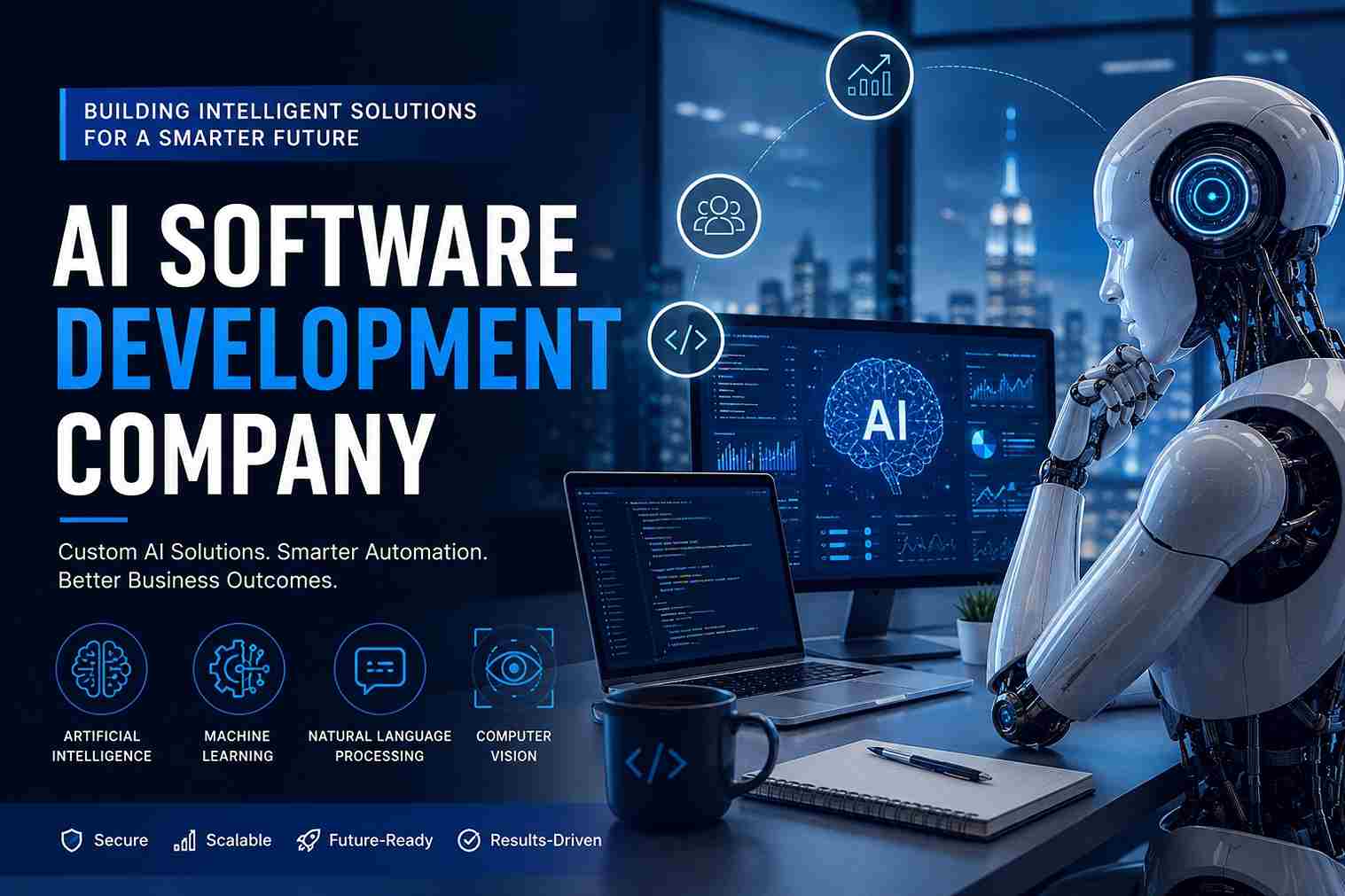 AI Software Development Company showcasing custom AI software development, machine learning, natural language processing, and intelligent automation solutions for businesses in the USA.