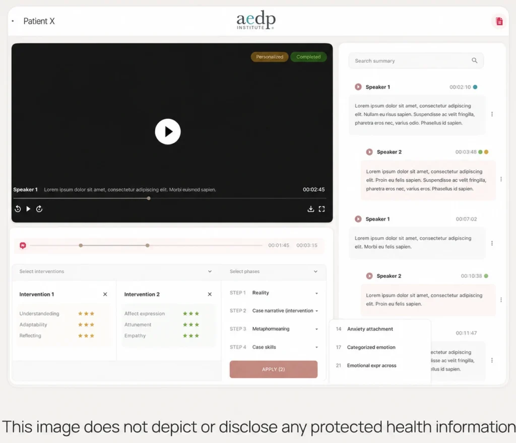 AEDP therapy session platform showing video annotation, speaker transcripts, and intervention tracking dashboard