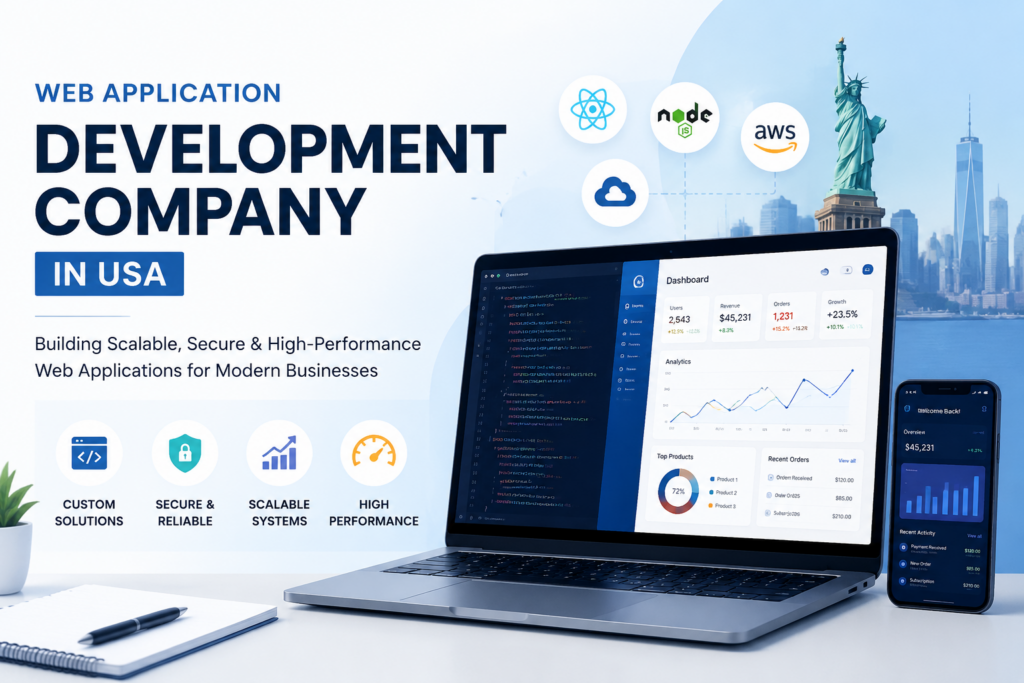 Web application development company in USA showcasing modern dashboard UI, cloud technologies, and scalable business software solutions.