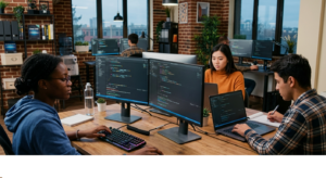 Software developers working together in a modern office with multiple computer screens, highlighting whether ChatGPT and Claude Replace QA Engineers in modern software testing workflows.