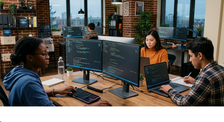 Software developers working together in a modern office with multiple computer screens, highlighting whether ChatGPT and Claude Replace QA Engineers in modern software testing workflows.