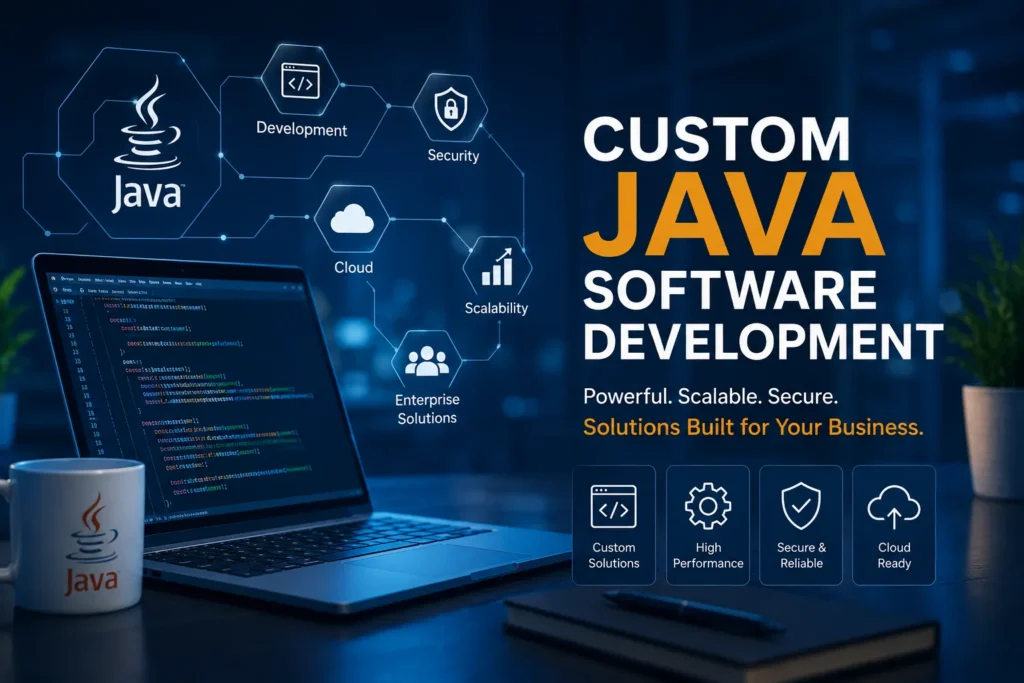 Custom Java software development concept showing Java programming, enterprise application development, cloud solutions, security, and scalable business software.
