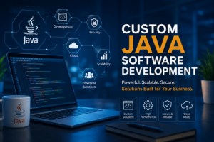 Custom Java software development concept showing Java programming, enterprise application development, cloud solutions, security, and scalable business software.