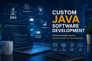 Custom Java software development concept showing Java programming, enterprise application development, cloud solutions, security, and scalable business software.