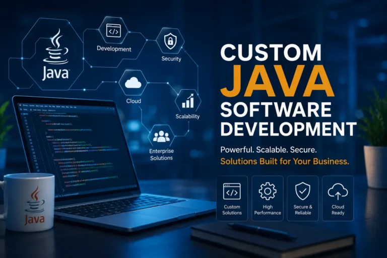 Custom Java software development concept showing Java programming, enterprise application development, cloud solutions, security, and scalable business software.