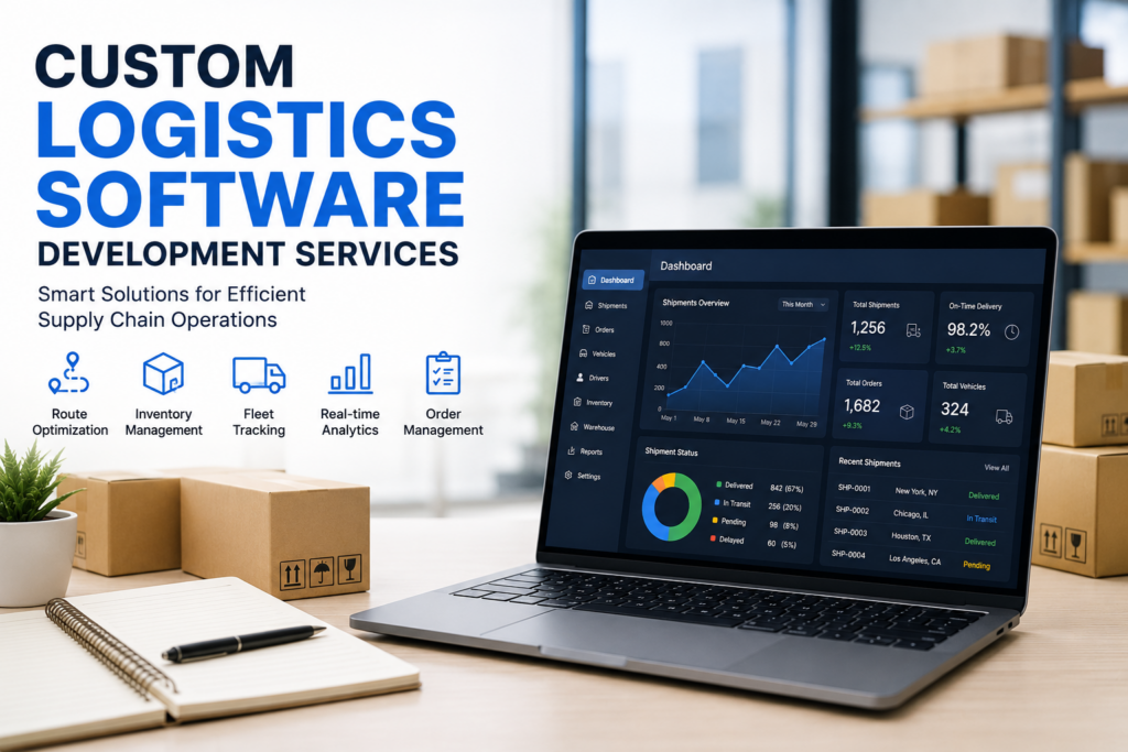 Custom logistics software development services dashboard showing shipment tracking, inventory management, fleet management, and real-time supply chain analytics.