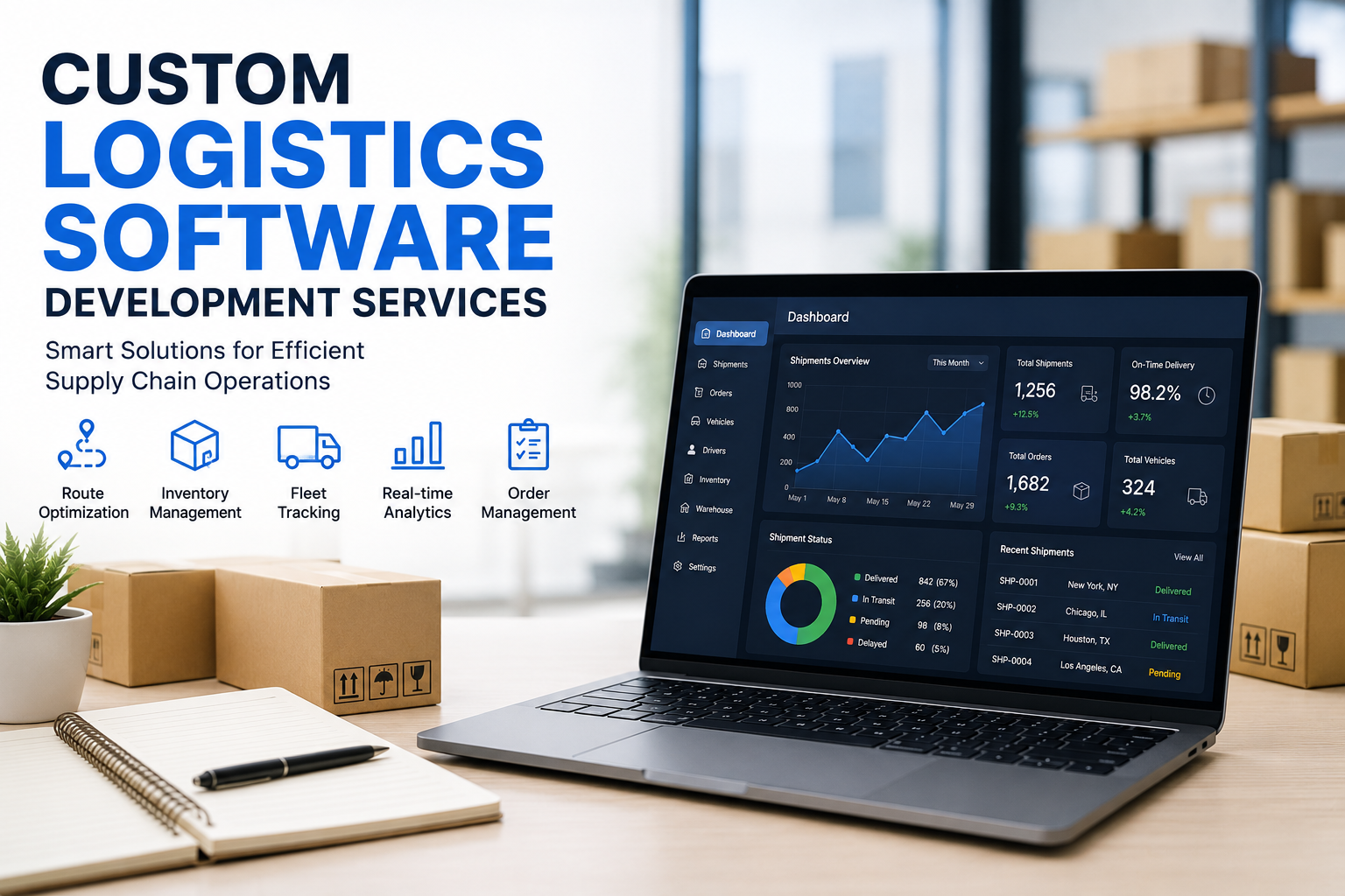 Custom logistics software development services dashboard showing shipment tracking, inventory management, fleet management, and real-time supply chain analytics.