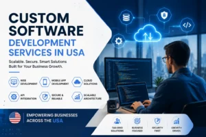 Custom software development services USA feature image showing modern software engineer working on software development, cloud-based software development system and advanced digital solutions