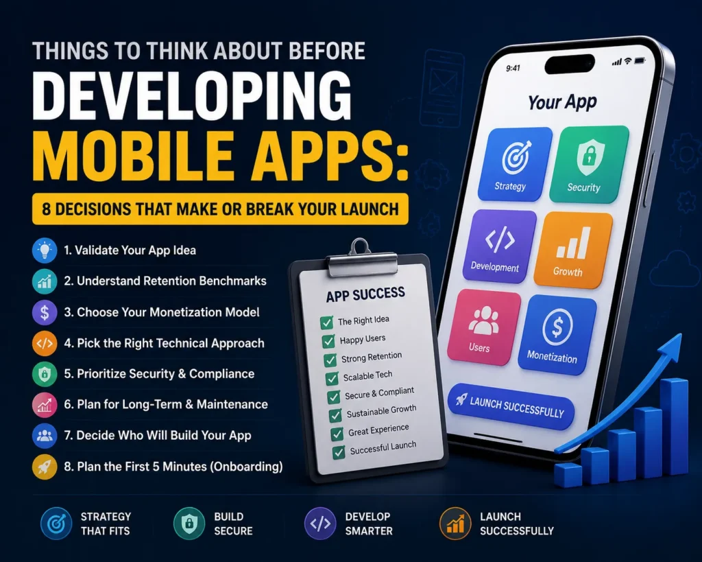 Infographic showing things to think about before developing a Mobile App, including 8 key decisions for a successful launch