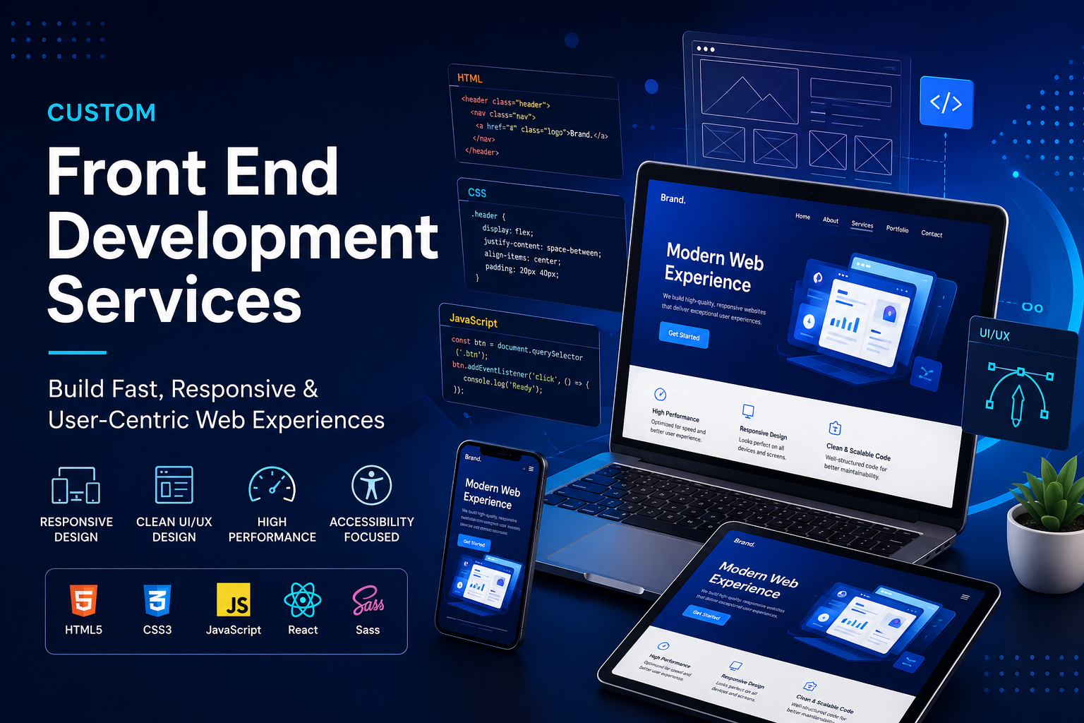 Front End Development services showing responsive web design, HTML, CSS, JavaScript, React, and modern UI development for businesses.