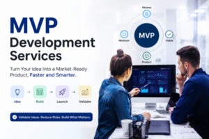 MVP Development services illustration showing a software team planning and building a minimum viable product for faster product validation.