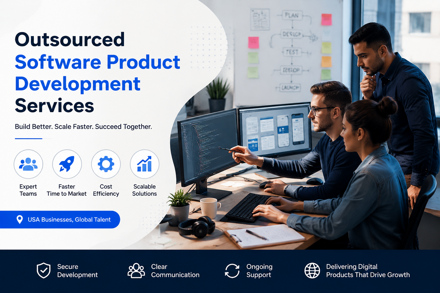 Outsourced software product development services team building scalable digital solutions for USA businesses