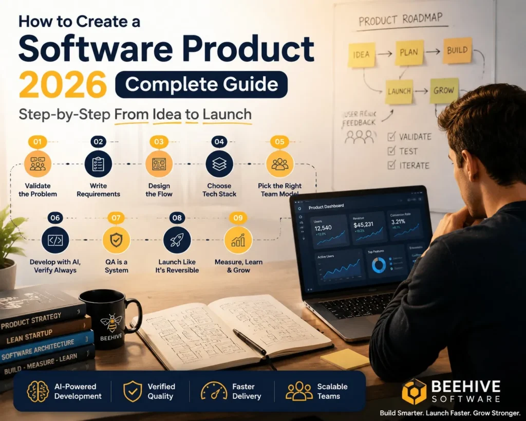 Software Product development 2026 complete guide showing step-by-step process from idea to launch with AI powered workflow and modern software team
