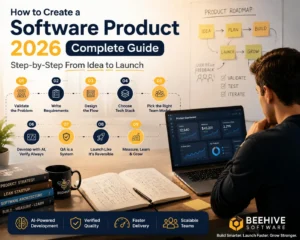 Software Product development 2026 complete guide showing step-by-step process from idea to launch with AI powered workflow and modern software team